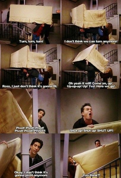 An image from the sitcom Friends where they try to move a sofa upstairs