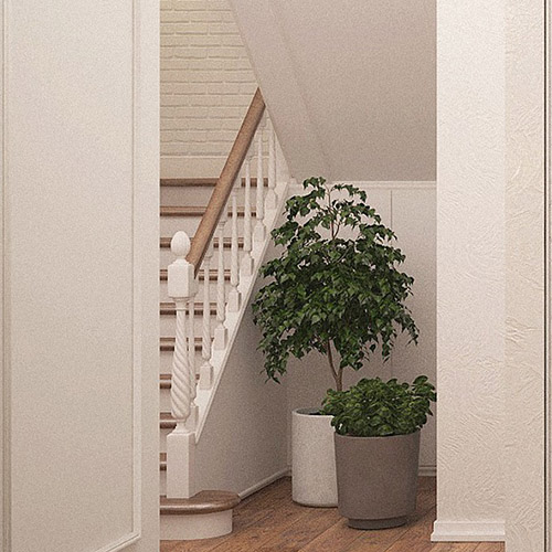 Stairwell. White walls and warm wooden floor/bannister. Large cermaic pots with tall shrubs/greenery in.