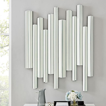 abstract modern mirror ideas - wall with 1 x Furniturebox UK Cascina mirror. Mirror comprises of long mirrored square tubes, at different heights and lengths, to create a wavy pattern. Reflection is diffuse and soft. 