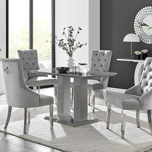 modern grey dining room with grey high gloss dining table and 4 grey velvet knockerback dining chairs