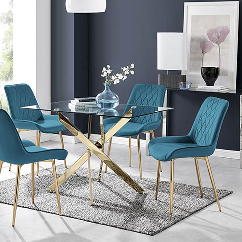 modern glass and gold metal diing table set with blue velvet dining chairs