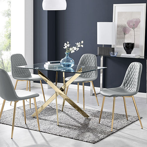 glass rectangular table with shiny gold starburst nested legs, and 4 grey faux-leather chairs with gold legs, in a grey room set up with run and accesories