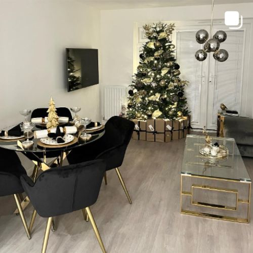 black velvet and gold dining room styled for Christmas 