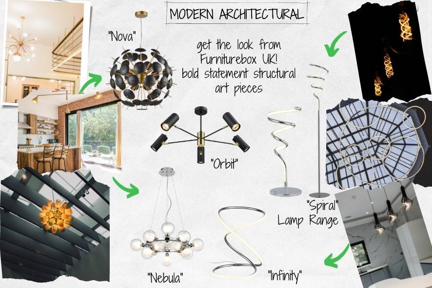 modern architectural lighting mood board featuring pendant ceiling lights and lamps with large statement lighting fixtures lamps, Furniturebox UK lighting 