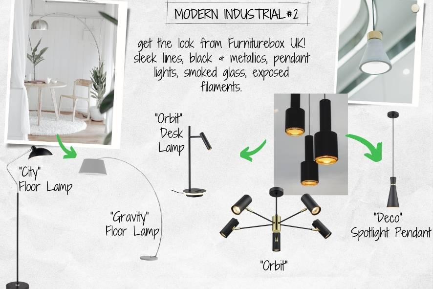 modern industrial lighting mood board featuring pendant ceiling lights and lamps with large bulbs and exposed filaments, furniturebox uk lighting 
