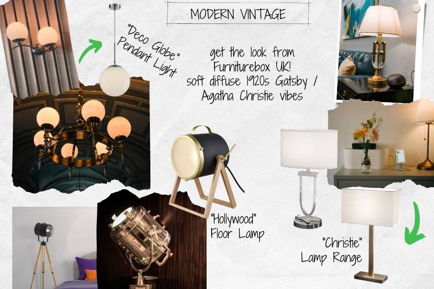 modern vintage lighting mood board featuring pendant ceiling lights and lamps with soft 1920s art deco gatsby agatha christe inspiration. Furniturebox UK lighting 