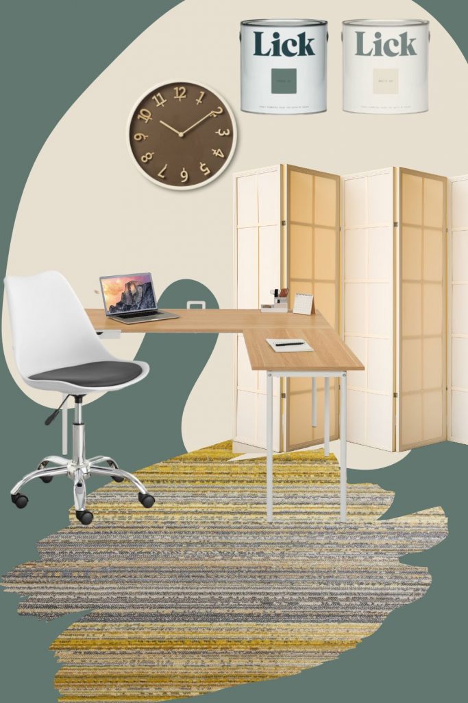 home working moodbaord featuring scandi corner desk and office chair on wheels, yellow and cream striped rug, folding screen, green and white walls.