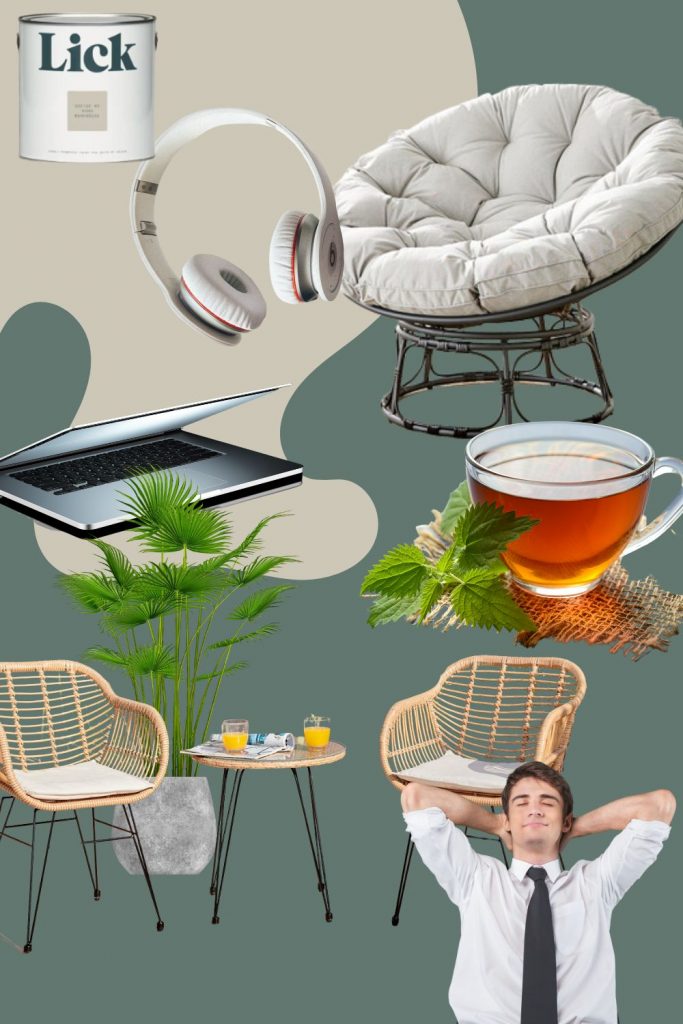 moodboard featuring 2 seat outdoor bistro set and round moon papasan chair 