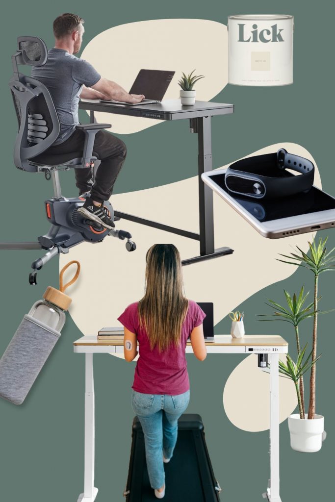 moodboard featuring exercise bike desk chair and height adjustable standing desk
