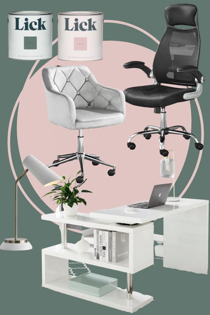 home office moodbaord featuring white high gloss corner desk with shelves, black mesh hgih back desk chair and grey velvet tub office chair, white and gold table lamp