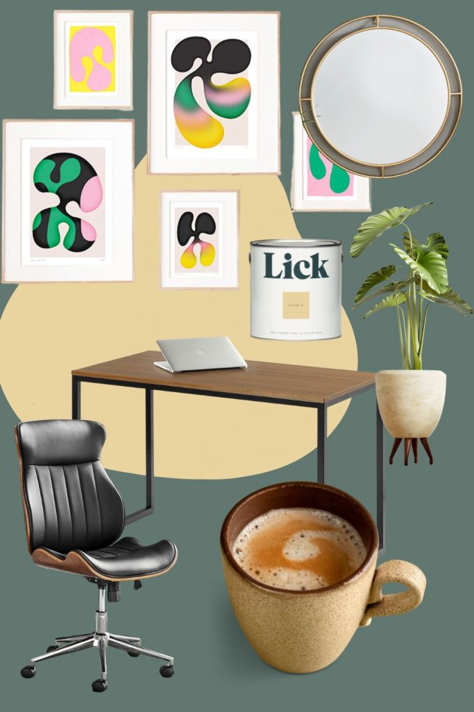 moodbaord featuring wood and black metal desk with black faux leather and wood effect desk chair and round gold framed wall mirror.