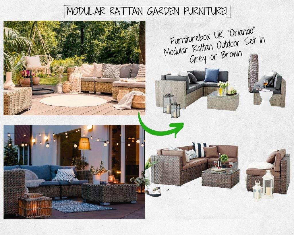 mood board for outdoor rattan garden furniture, featuring 2 styled images and 2 Furniturebox UK Orlando modular garden sofa sets 