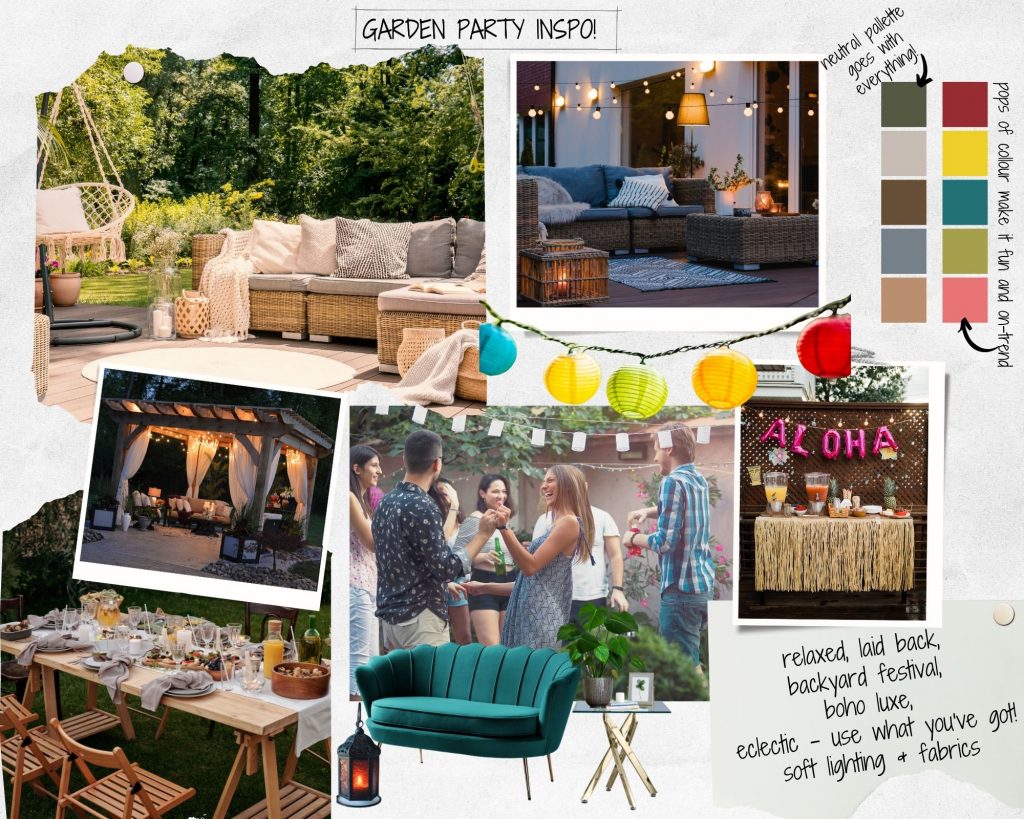 mood board for garden party design ideas. Scrapbook feel featuring images of:
modular rattan garden furniture styled in boho beachy fashion, tiki bar, wooden trestle table with food, green velvet 2-seater sofa, glass and chrome side tables, string lights and coloured paper lanterns. 