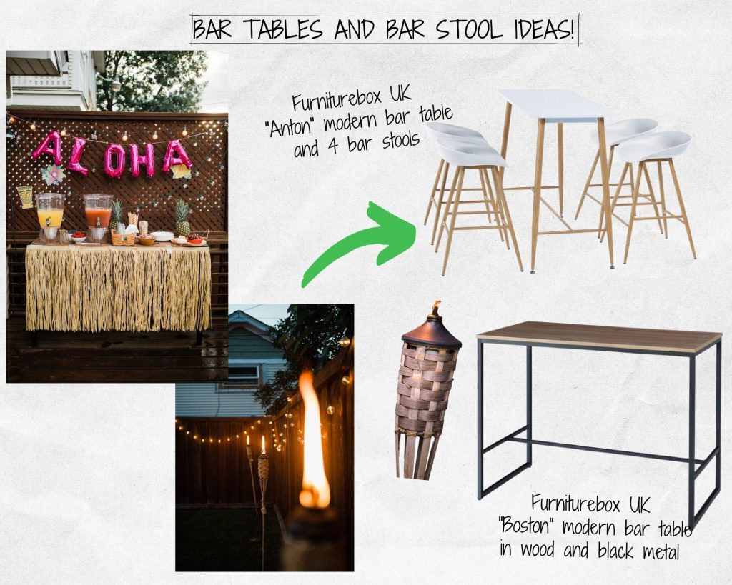 mood board for creating fun outdoor tiki bar or food bar - featuring furniturebox UK bar tables and stool with tiki torches