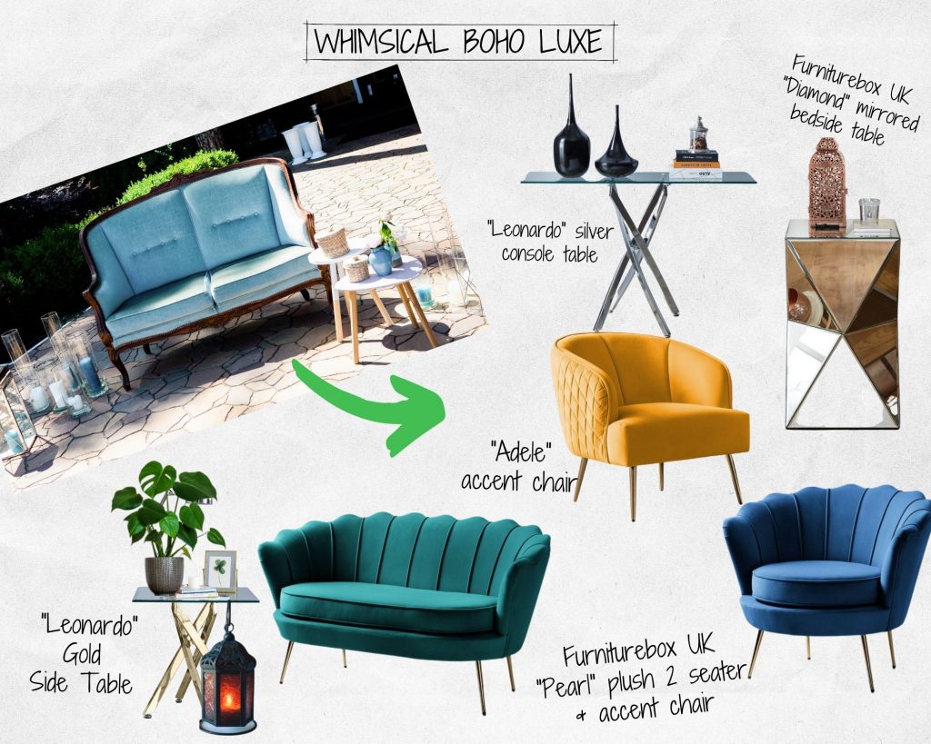 mood board featuring inspiration and ideas to create a whimsical boho luxed mad hatters tea party garden party. Features velvet bright coloured sofa and accent chairs, mirrored and reflective side tables and bedside tables, and lanterns