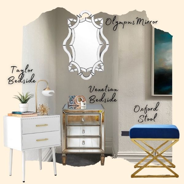 moodboard featuring ripped image of narrow alcove, with mirrored bedside table that has 3 drawers overlaid in alcove, with statement wall mirror above in ornate deco Celtic frame. White bedside table with gold handles overlaid to left, blue velvet stool with gold art deco chrome legs overlaid to right.