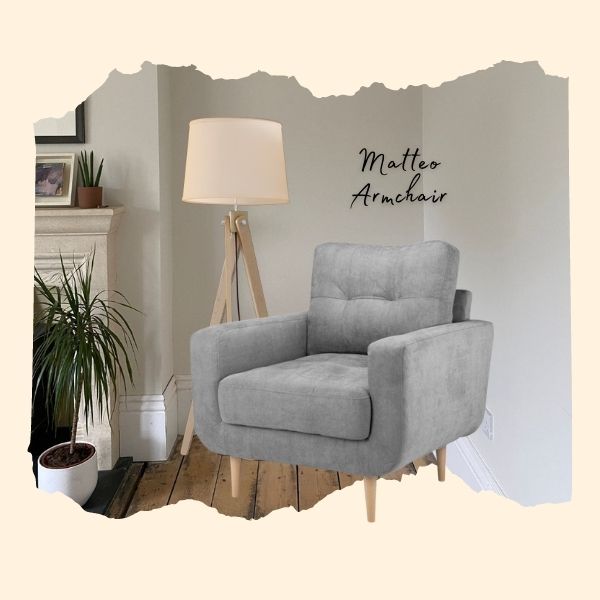 moodboard image - scrapbook ripped image of alcove with grey fabric armchair - scandi modern style with pale wooden tapered legs - overlaid beside a cream and wooden tripod lamp. 