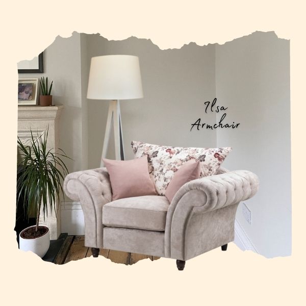 moodboard image - scrapbook ripped image of alcove with beige fabric scatterback armchair - sweeping winged arms, floral patterned back cushion and 2 pink side cushions on short dark wooden turned feet - overlaid beside a white tripod lamp. 