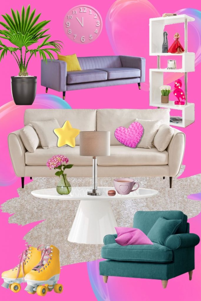 barbiecore living room inspiration mood board