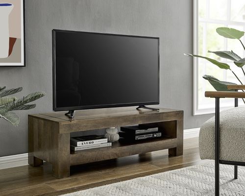 solid wood TV stand with wide screen TV to illiustrate distance between TV and Sofa