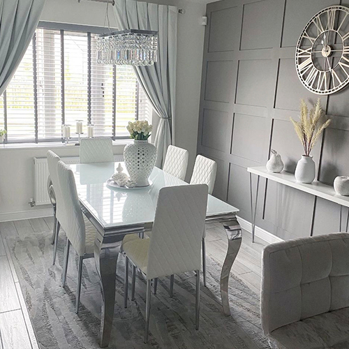 dining room wall paper ideas - pale grey wood panelling effect wallpaper.