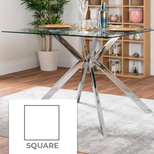 an example square dining table with a glass top and chrome legs in a modern house