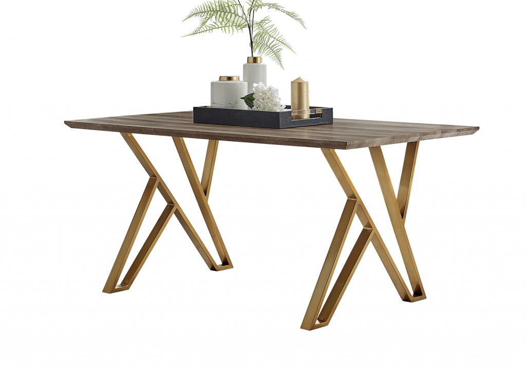 modern wood effect dining table with gold brass legs