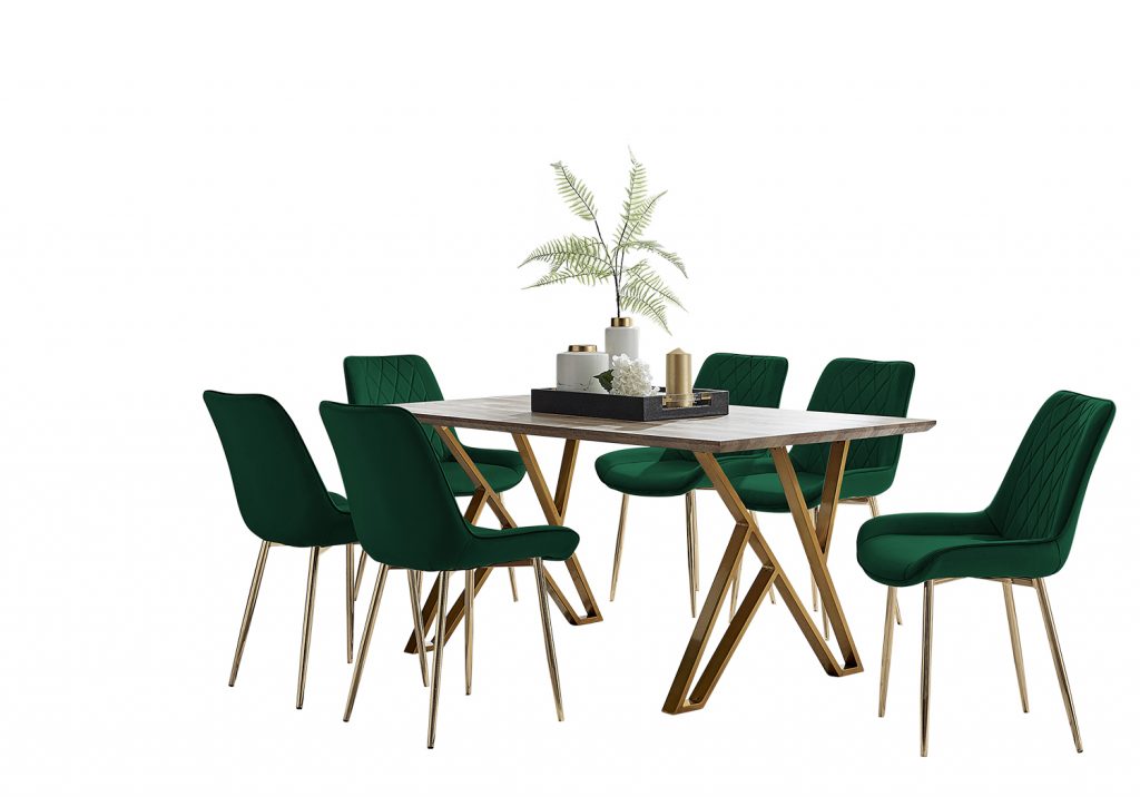 wood effect dining table with 6 green velvet dining chairs