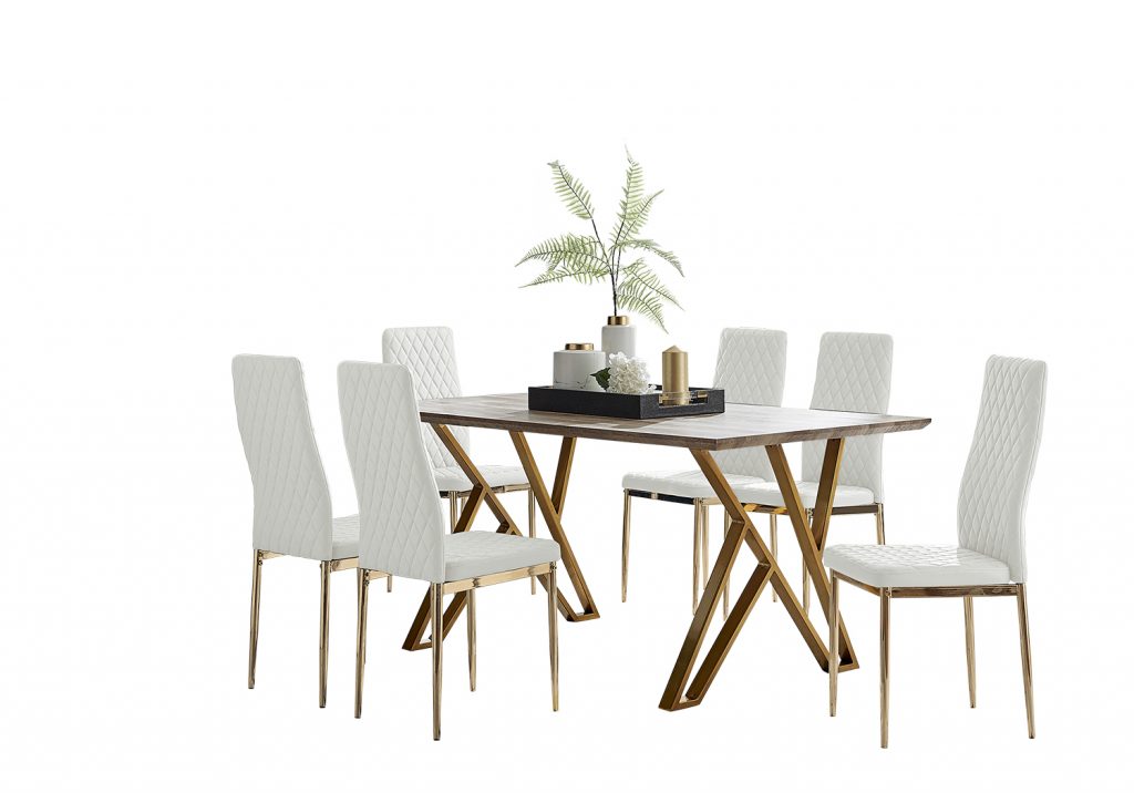 6 white modern dining chairs around a wood effect dining table