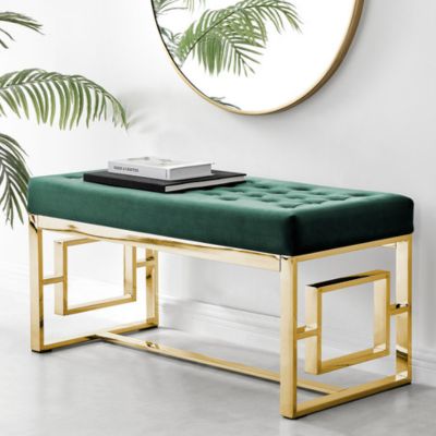 Modern Green Velvet And Gold Metal Bench - art deco geometric frame design