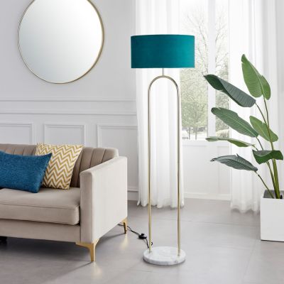 Teal Velvet, Brass and Marble Base Floor Lamp 