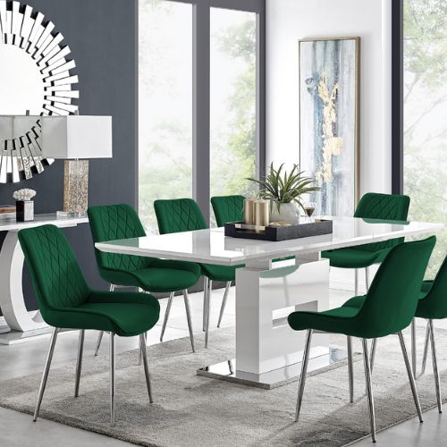 modern white high gloss extending dining table with structural plinth leg, 8 green velvet dining chairs