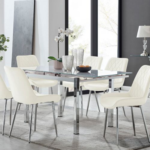 modern rectangular white glass and chrome extending dining table, 6 white velvet dining chairs