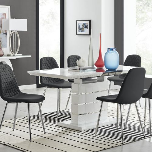 modern white high gloss extending dining table with structural plinth leg, 6 black faux leather dining chairs