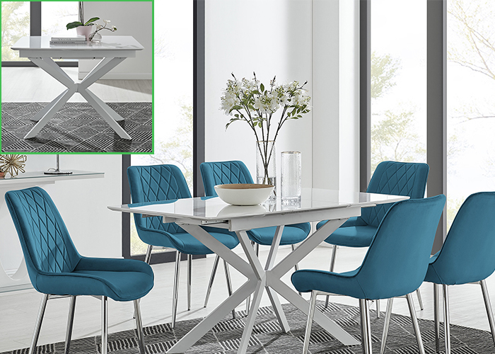 the larger image shows the Lira extending dining table in the extended position, with 6 teal velvet Pesaro chairs. A small square insert in the top left shows the Lira table in its retracted position, with no chairs.