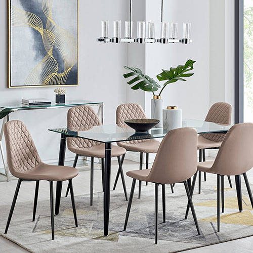 Industrial style dining set - rectangular 6 seater glass dining table with black metal tapered legs, with 6 cappuccino beige faux leather dining chairs with blck metla tapered legs