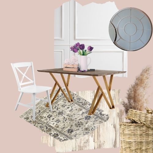 shabby chic mood board with white panel wall, pale wood flooring, distressed pattern rug, white wooden farmhouse chair, wood trestle table with gold legs, wicker basket and pampas grass, round window style wall mirror