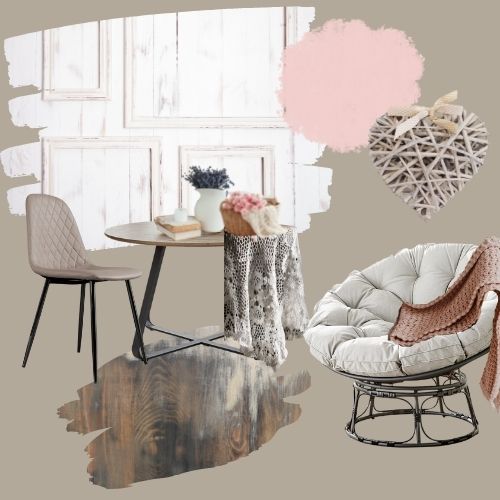 shabby chic dining room mood board - round wood table and beige faux leather chair, lace table cloth, dried flowers and books, old wooden floor with paint streaks, white wood wall with empty photo frames, wicker wooden heart, rattan moon chair with pink chunky knit blanket.