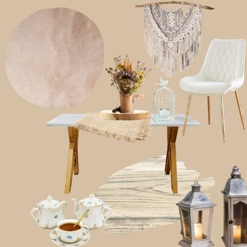 shabby chic inspired dining room mood board - white table with gold legs, white velvet chair with gold legs, bleached pale wood flooring, macrame wall hanging, wood slice table centrepiece with dried flowers, birdcage candle holder, vintage tea set and lanterns.