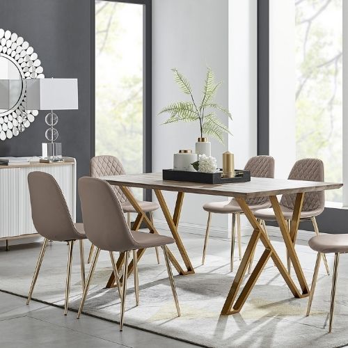Oak Effect Dining Table and 6 Corona Gold Leg Chairs, here with the chairs in Cappucino Beige