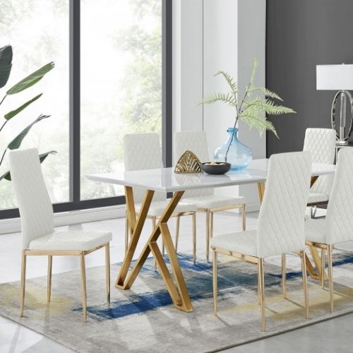 White Gloss Dining Table with gold geometric framed legs and 6 white faux leather tall back chairs with gold legs