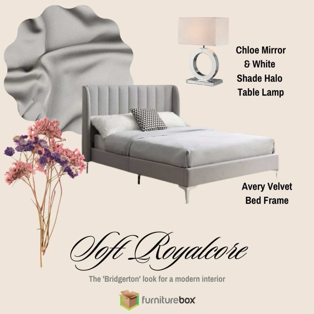 royal core Bridgerton inspired grey velvet bed with vertical column stitching