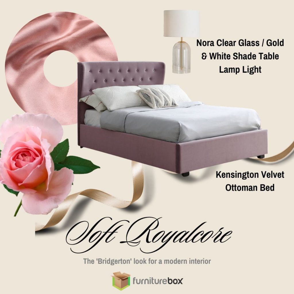 royal core Bridgerton inspired pink velvet chesterfield style bed 