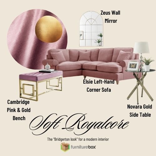 Bridgerton living room mood board featuring pink velvet corner sofa, pink nad gold bench seat, round gold and glass side table, and gold window style wall mirror. 