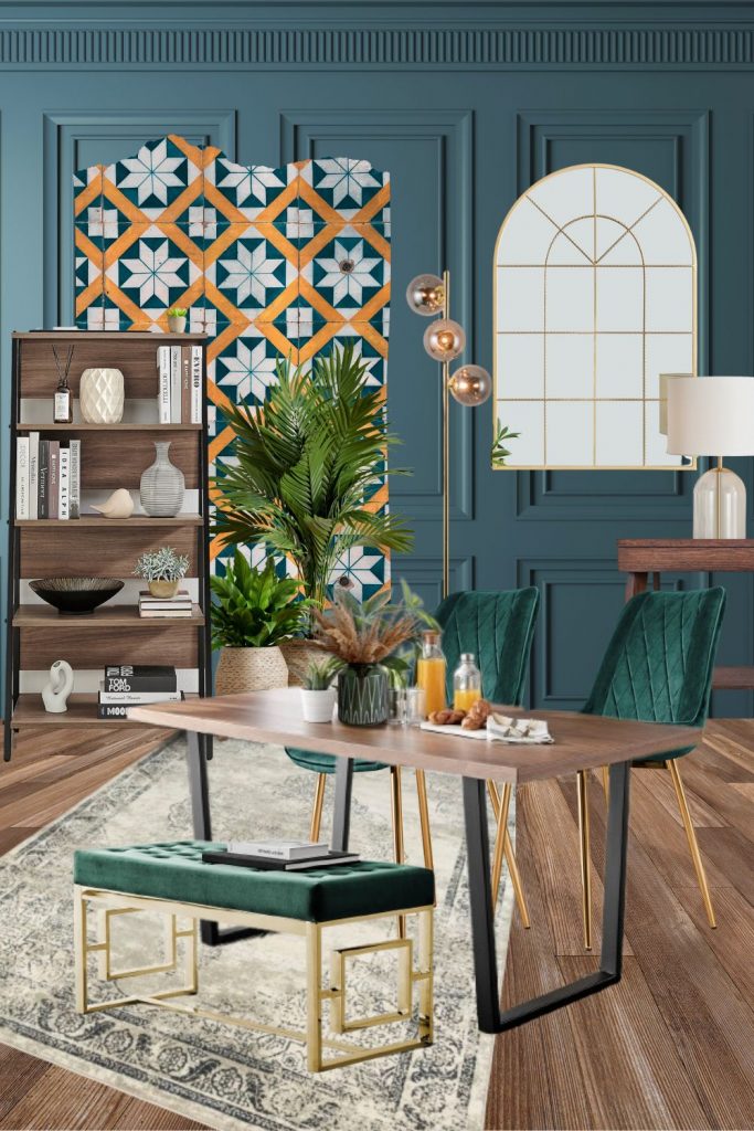 dark maximalist dining room inspiration mood board in greens and wood featuring products listed below image
