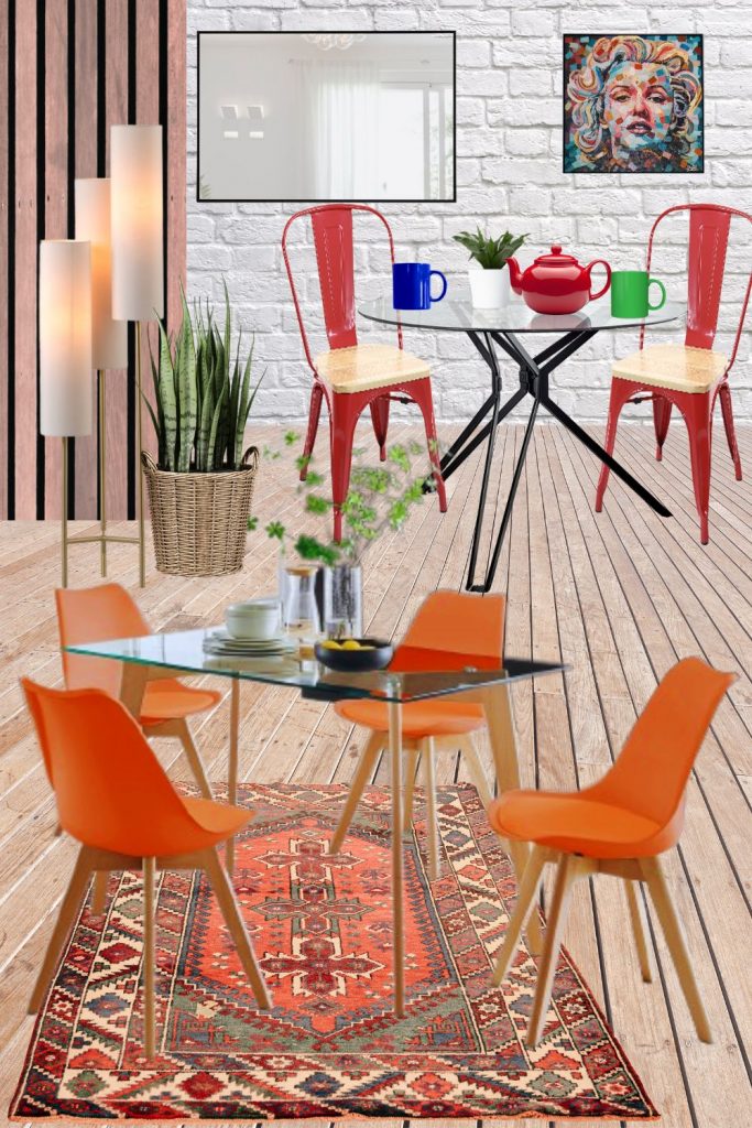 bold Scandi Maximalist decor dining room mood board featuring furniture listed below