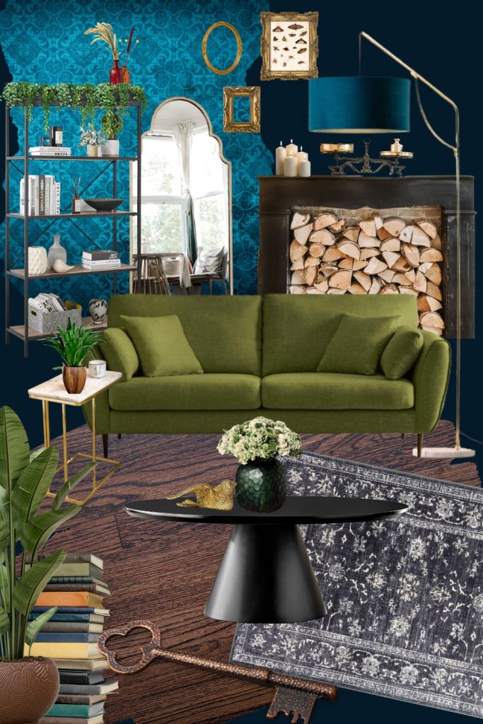 maximalist decor living room - dark victorian academia inspired mood board in dark teals, greens and wood. Features products listed below. 
