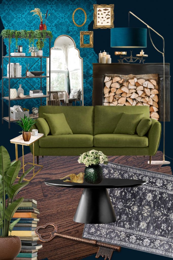 maximalist decor living room - dark victorian academia inspired mood board in dark teals, greens and wood. Features products listed below.
