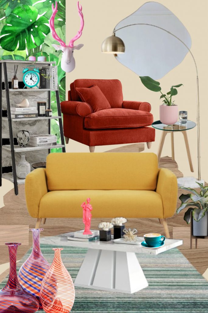 maximalist decor living room mood baord featuring bold yellows reds greens, pinks and teal. Featuring products listed below.