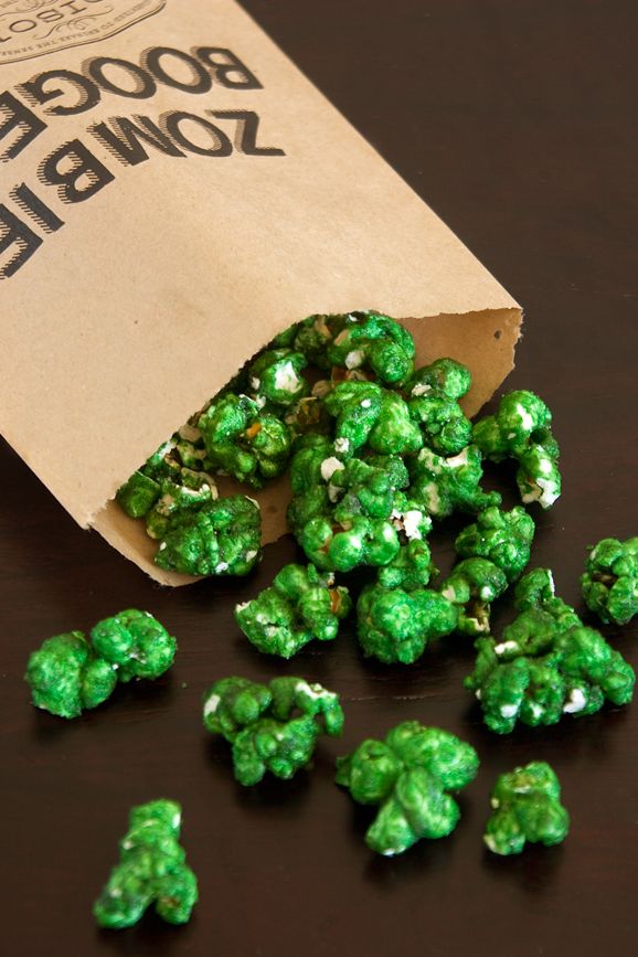 Green popcorn used as a zombie booger halloween snack